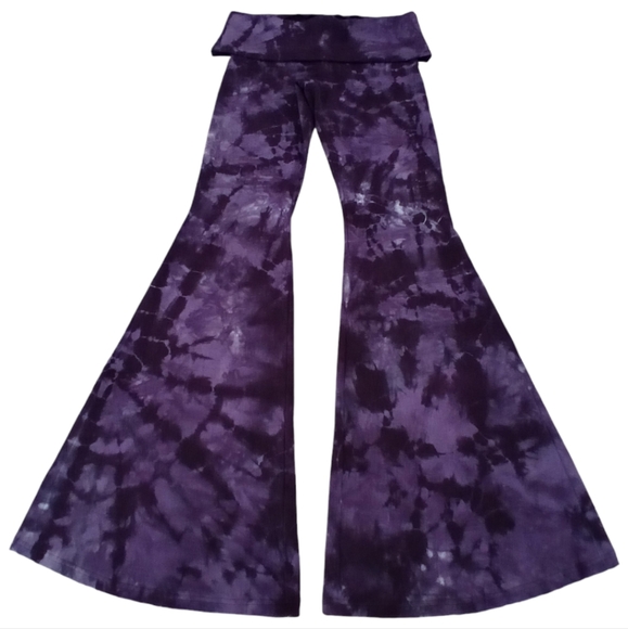 SHORT LENGTH Tie Dye Bell Bottoms - Adjustable Waistband Yoga Flare Pants Flares - Picture 8 of 10
